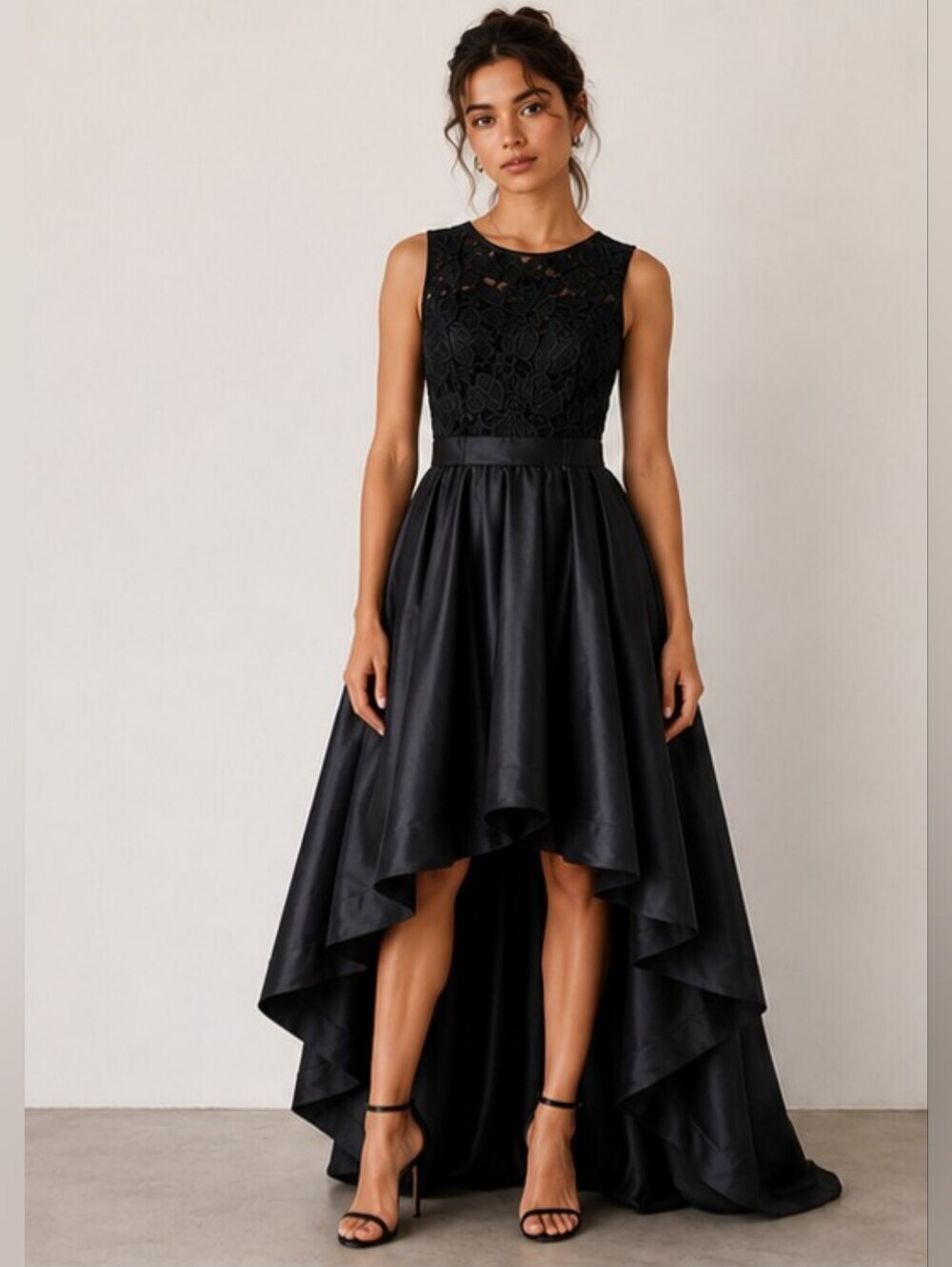 Betsy And Adam Asymmetric Lace Top Black Dress Gown